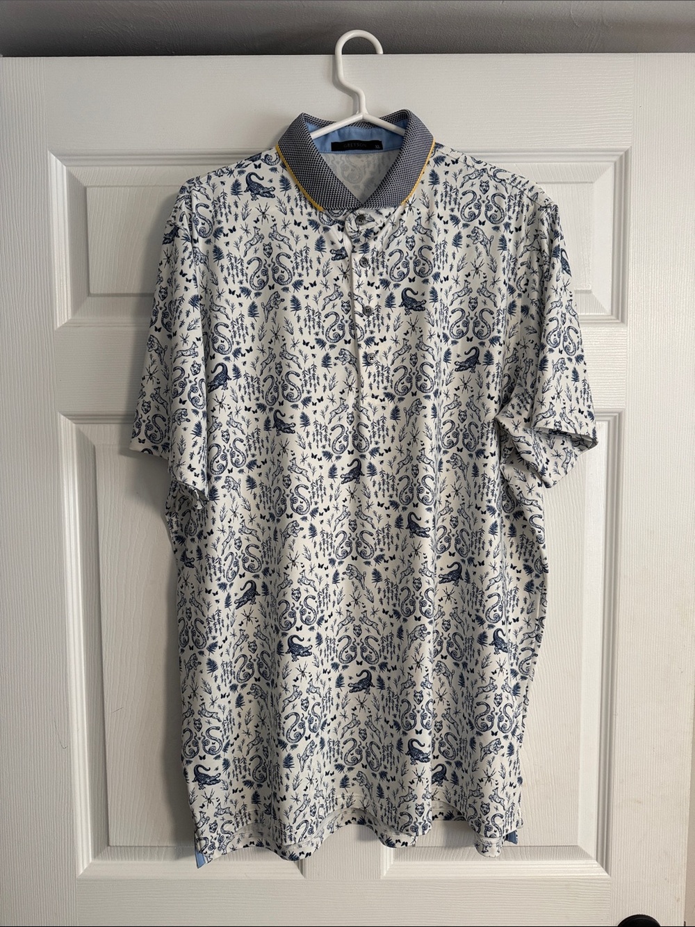Greyson Men's XL Sawgrass Curiosities White & Navy Patterned Polo Shirt